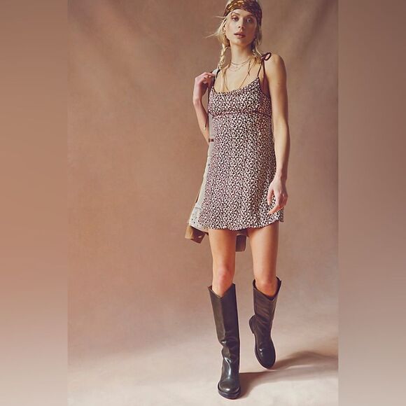 NWT Free People Kai Geo Print Retro Tie Strap Mini Dress in Coffee Combo size L - Picture 1 of 15